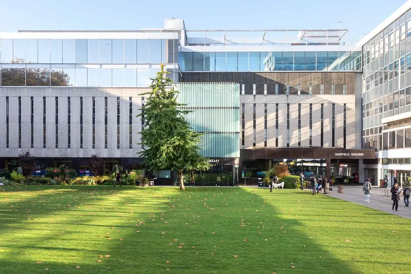 The Sherfield Building and Library at Imperial College London, seen across Queen’s Lawn.