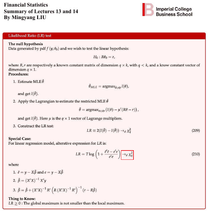 Page from the notes, Summary of Lectures 13 and 14: a red-headed box on the likelihood-ratio test. It states the null hypothesis R theta equals r, the three-step procedure (unrestricted maximum likelihood, restricted maximum likelihood with Lagrange multipliers, and the statistic LR equal to twice the difference in log-likelihoods, asymptotically chi-squared with q degrees of freedom), the special case for linear regression, and the note that LR is never negative.