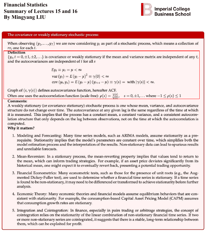 Page from the notes, Summary of Lectures 15 and 16: a red-headed box on covariance (weakly) stationary processes. It gives the definition (constant mean, constant variance, autocovariances that depend only on the lag), the autocovariance and autocorrelation functions, a plain-language comment, and five reasons stationarity matters: modelling and forecasting, mean reversion, econometric tests such as unit-root tests, economic theory, and cointegration.